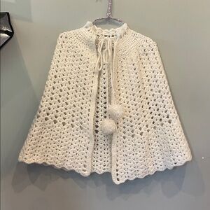 Crochet White Cape with Pom Poms girls 
Medium fit handmade 70’s